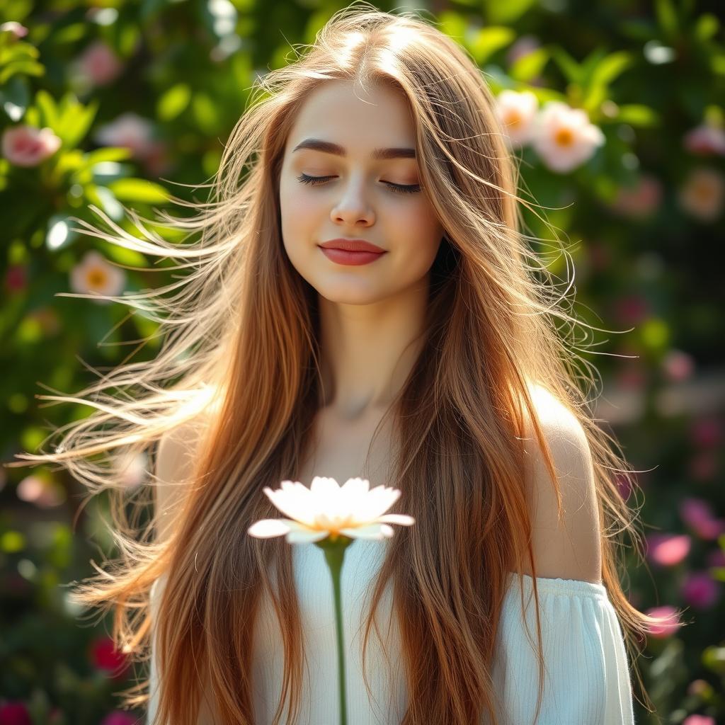 A serene portrait of a young woman with long flowing hair, softly lit with natural sunlight