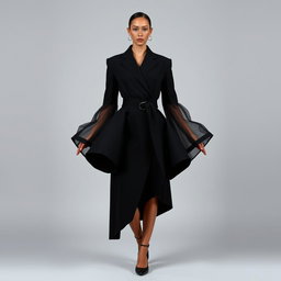 A faceless female model wearing hyper-feminine sculptural couture in a structured black-and-white asymmetrical blazer dress featuring a cinched waist and exaggerated peplum
