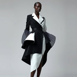A faceless female model wearing hyper-feminine sculptural couture in a structured black-and-white asymmetrical blazer dress featuring a cinched waist and exaggerated peplum