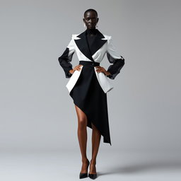 A faceless female model wearing hyper-feminine sculptural couture in a structured black-and-white asymmetrical blazer dress featuring a cinched waist and exaggerated peplum