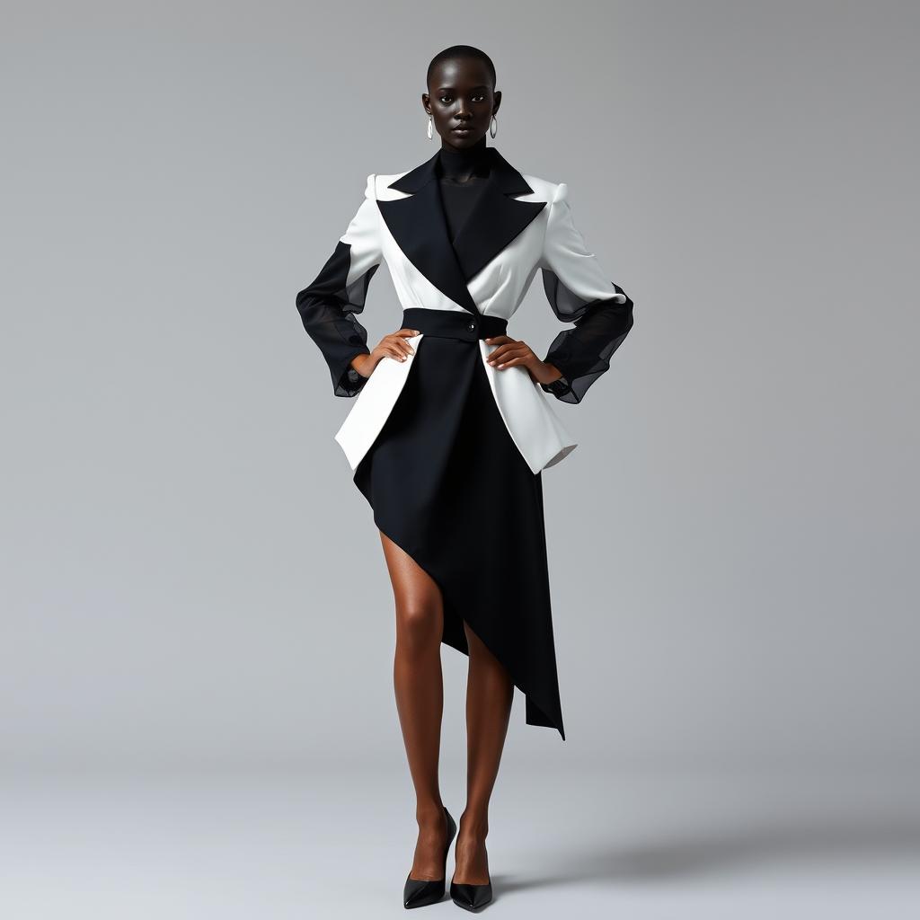 A faceless female model wearing hyper-feminine sculptural couture in a structured black-and-white asymmetrical blazer dress featuring a cinched waist and exaggerated peplum