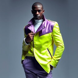 A faceless male model wearing a high-collared neon jacket with exaggerated shoulders and an asymmetrical zipper, paired with tapered lilac trousers