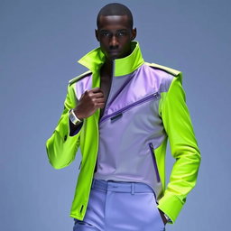 A faceless male model wearing a high-collared neon jacket with exaggerated shoulders and an asymmetrical zipper, paired with tapered lilac trousers