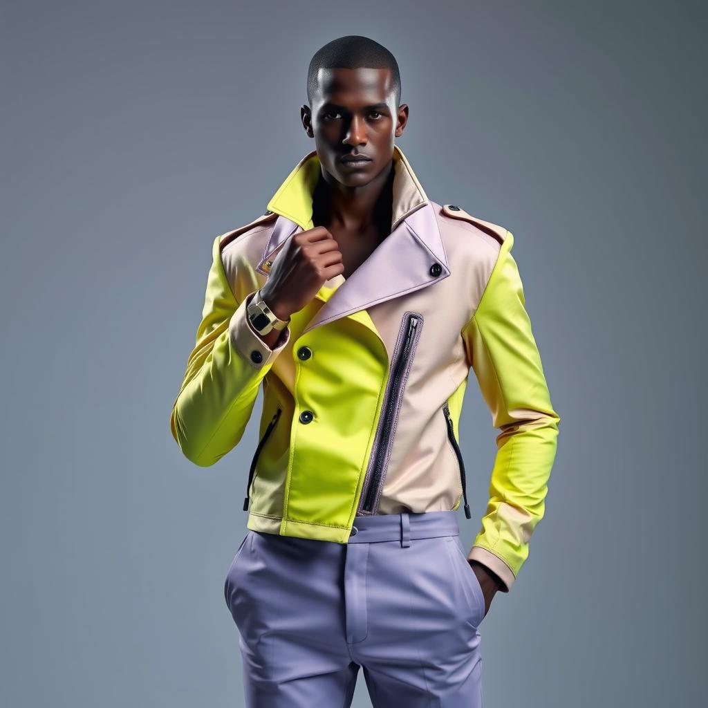 A faceless male model wearing a high-collared neon jacket with exaggerated shoulders and an asymmetrical zipper, paired with tapered lilac trousers