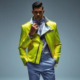 A faceless male model wearing a high-collared neon jacket with exaggerated shoulders and an asymmetrical zipper, paired with tapered lilac trousers