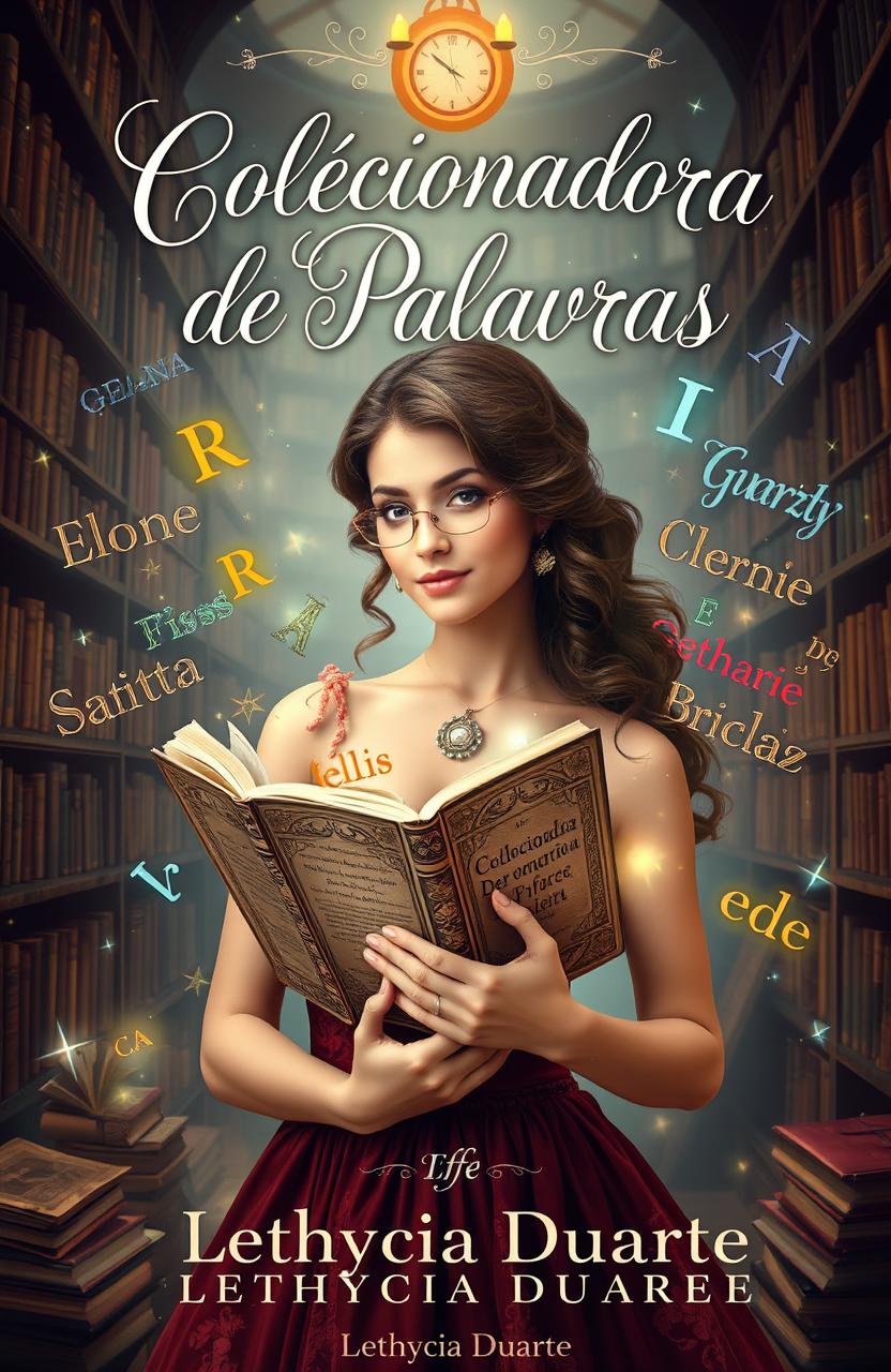 A whimsical and enchanting cover design for a book titled 'Colecionadora de Palavras' by Lethycia Duarte