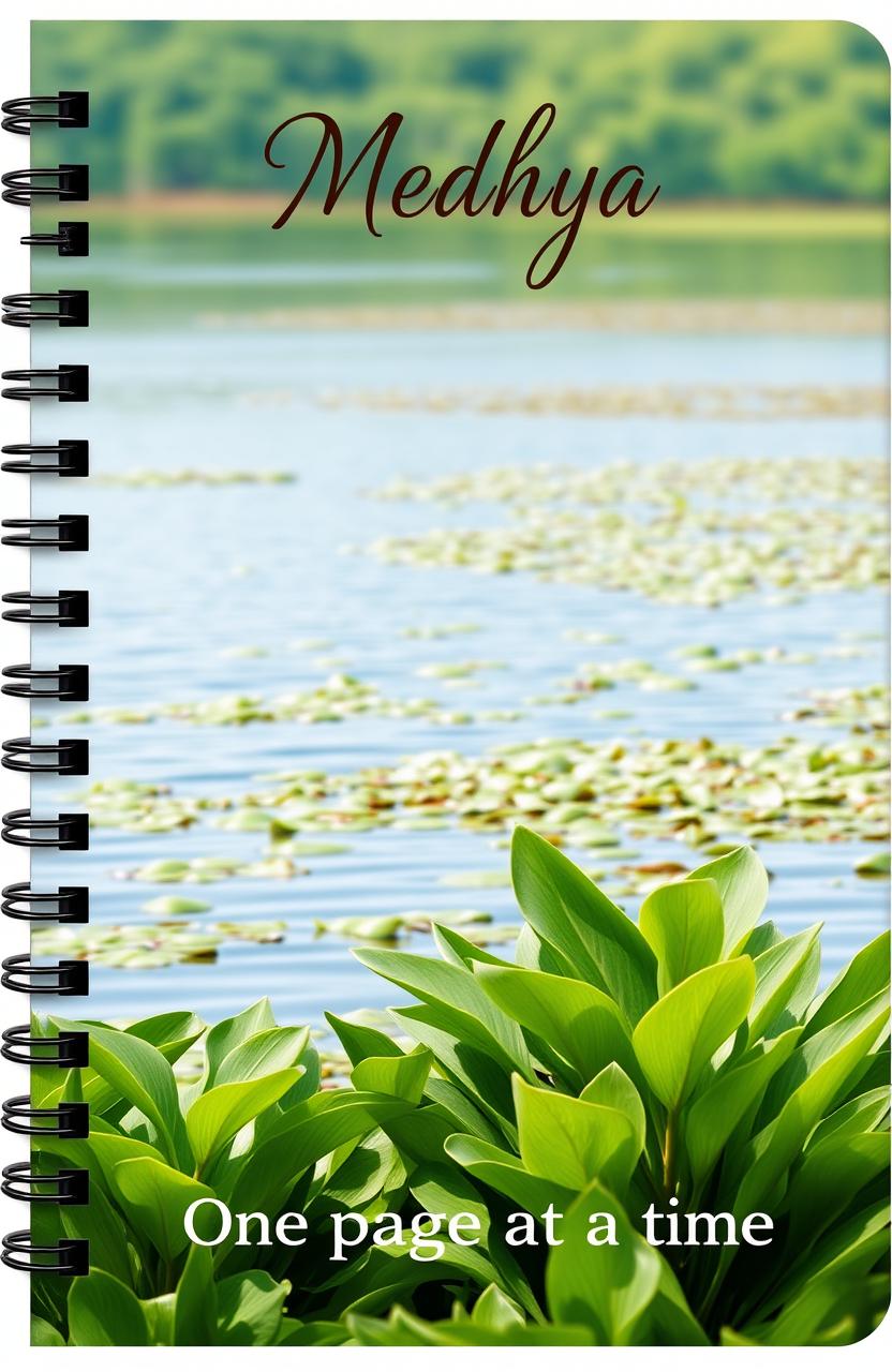 A visually striking notebook cover design featuring earthy tones and a serene lake scene, illustrating the beauty and the detrimental effects of water hyacinth on the ecosystem