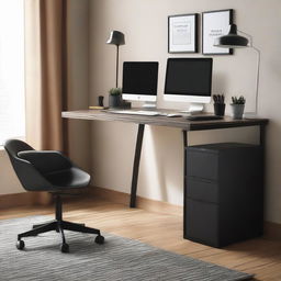 An organized work desk with dark-toned furniture, featuring a black office chair, monitor, keyboard and mouse, with some stationery items under the dim desk lamp.