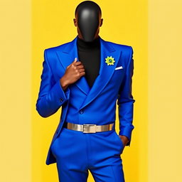 A faceless male model dressed in a sharply tailored electric blue suit featuring exaggerated shoulders and an asymmetrical lapel
