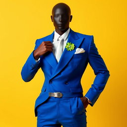 A faceless male model dressed in a sharply tailored electric blue suit featuring exaggerated shoulders and an asymmetrical lapel