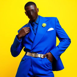 A faceless male model dressed in a sharply tailored electric blue suit featuring exaggerated shoulders and an asymmetrical lapel