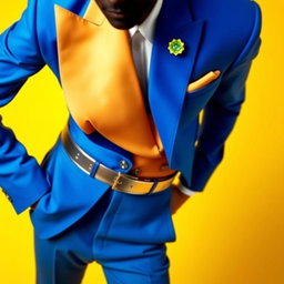 A faceless male model dressed in a sharply tailored electric blue suit featuring exaggerated shoulders and an asymmetrical lapel