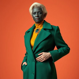 A faceless senior model dressed in a high-fashion emerald green overcoat featuring dramatic, sculpted shoulders and a fitted waist
