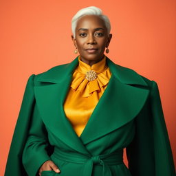 A faceless senior model dressed in a high-fashion emerald green overcoat featuring dramatic, sculpted shoulders and a fitted waist