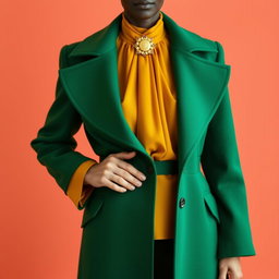 A faceless senior model dressed in a high-fashion emerald green overcoat featuring dramatic, sculpted shoulders and a fitted waist