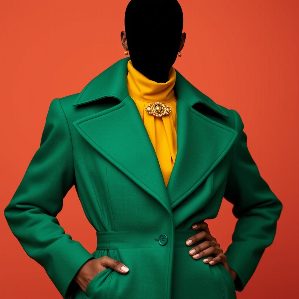 A faceless senior model dressed in a high-fashion emerald green overcoat featuring dramatic, sculpted shoulders and a fitted waist