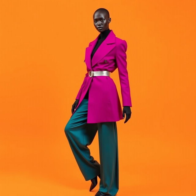 A faceless androgynous model dressed in a futuristic structured magenta blazer featuring exaggerated lapels, paired with fluid teal wide-leg trousers