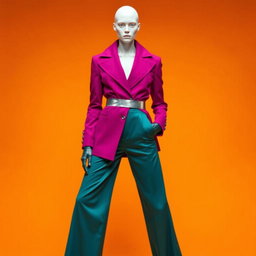 A faceless androgynous model dressed in a futuristic structured magenta blazer featuring exaggerated lapels, paired with fluid teal wide-leg trousers