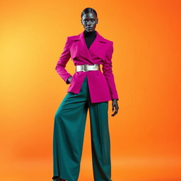 A faceless androgynous model dressed in a futuristic structured magenta blazer featuring exaggerated lapels, paired with fluid teal wide-leg trousers