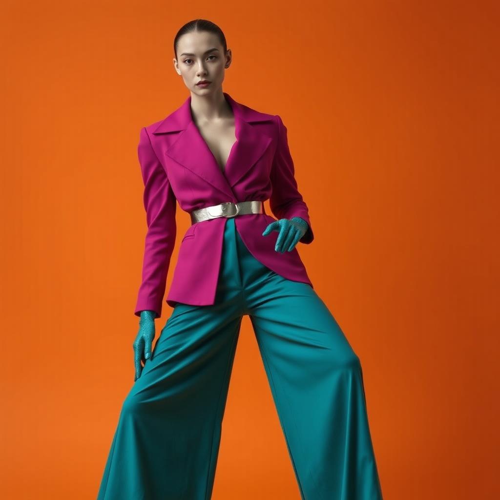 A faceless androgynous model dressed in a futuristic structured magenta blazer featuring exaggerated lapels, paired with fluid teal wide-leg trousers