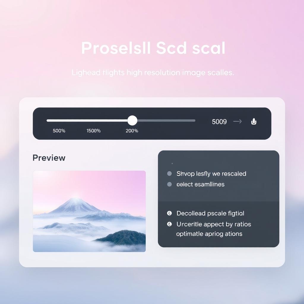 A high-resolution image scaling application interface, showcasing a scale option slider, various preset scales (100%, 150%, 200%, etc