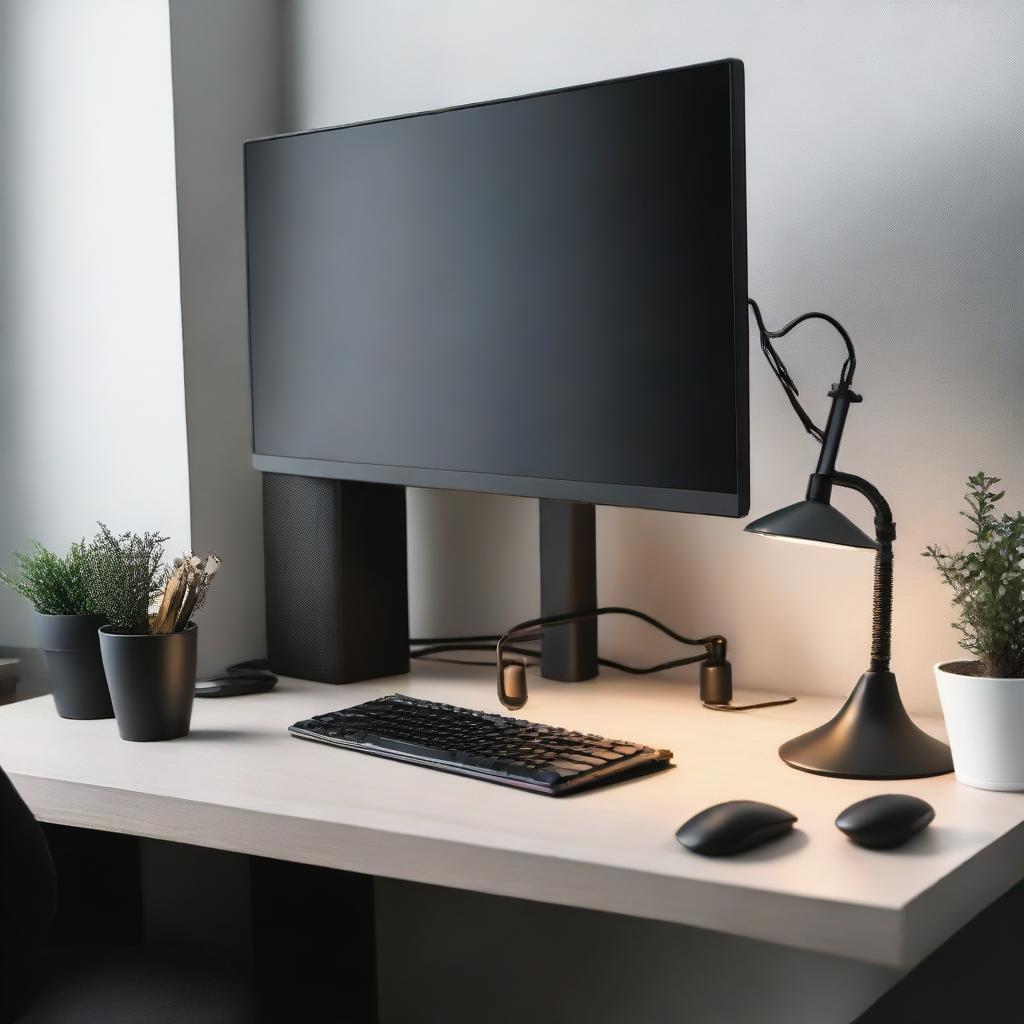 An organized work desk with dark-toned furniture, featuring a black office chair, monitor, keyboard and mouse, with some stationery items under the dim desk lamp.