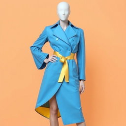 A faceless female model in a structured sky-blue coat dress featuring dramatic pleated sleeves