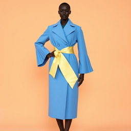 A faceless female model in a structured sky-blue coat dress featuring dramatic pleated sleeves