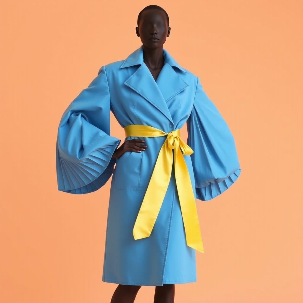 A faceless female model in a structured sky-blue coat dress featuring dramatic pleated sleeves