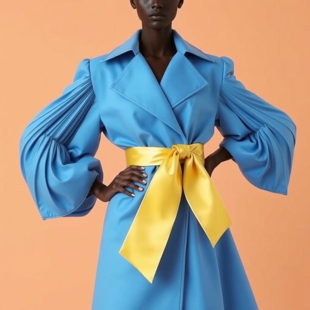 A faceless female model in a structured sky-blue coat dress featuring dramatic pleated sleeves
