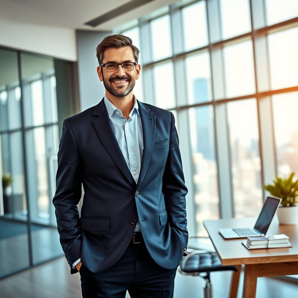 A professional LinkedIn cover photo depicting a confident business leader standing in a modern office environment
