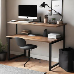 An organized work desk with dark-toned furniture, featuring a black office chair, monitor, keyboard and mouse, with some stationery items under the dim desk lamp.