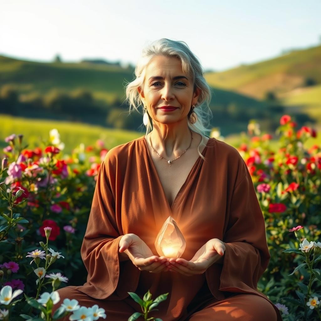 A captivating and serene healer in a vibrant natural setting, surrounded by lush greenery and blooming flowers