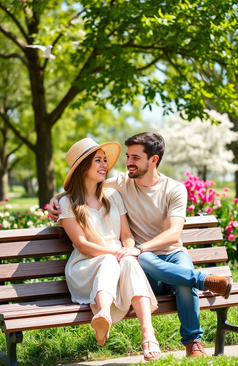 A cute couple sitting together on a park bench, smiling and laughing with each other