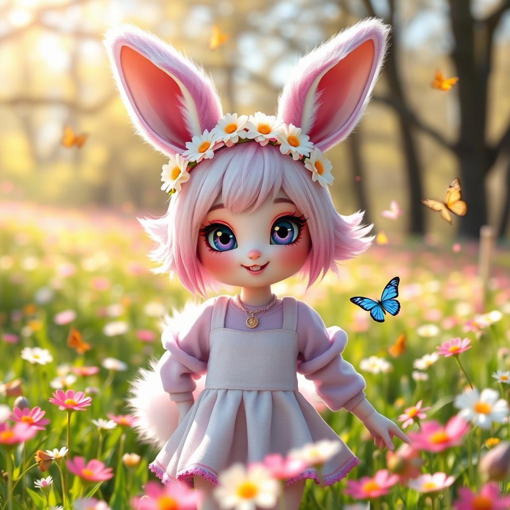 A cute furry bunny girl with large, expressive ears and a fluffy tail