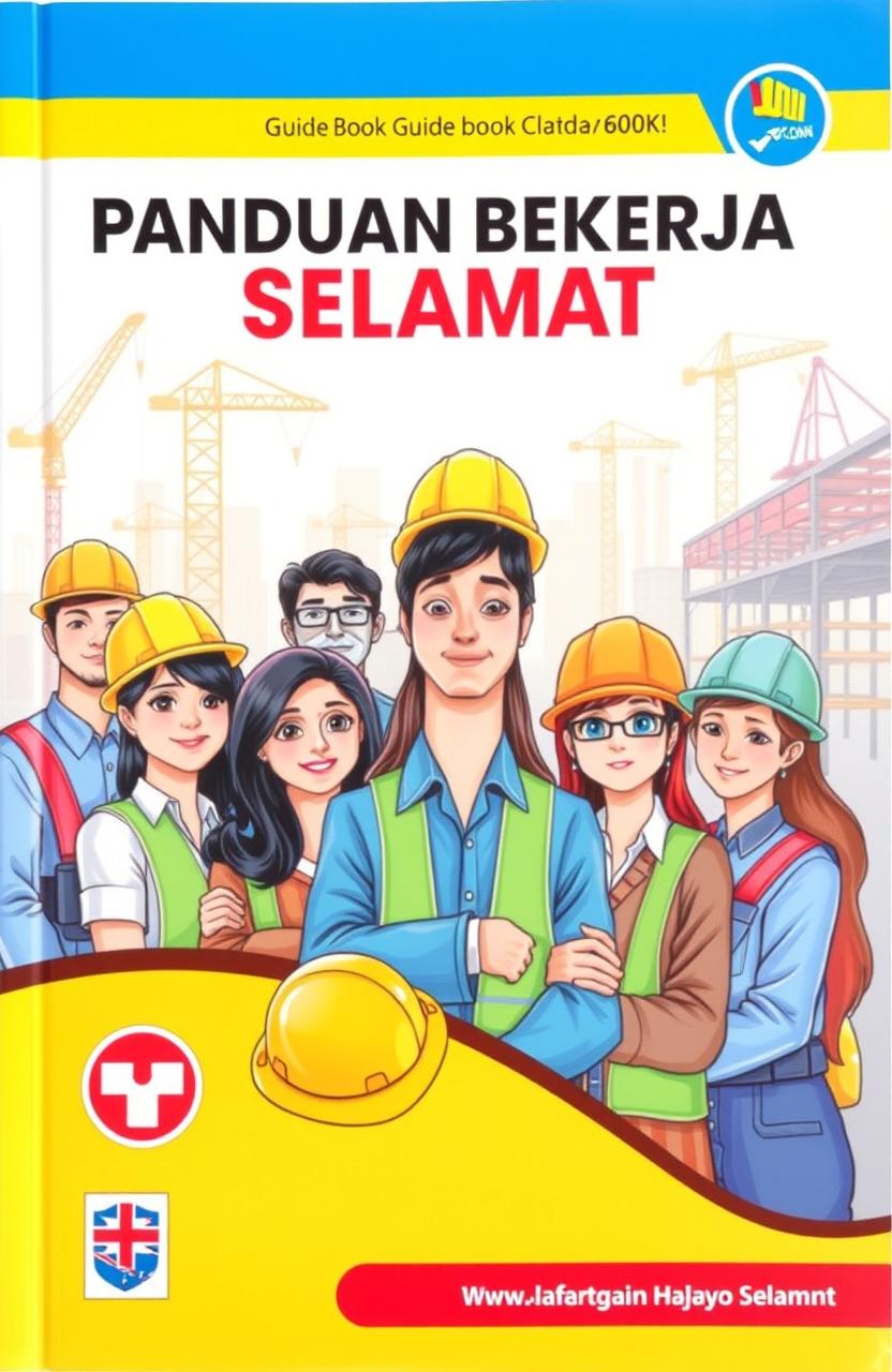 A detailed and visually appealing guidebook cover titled 'Panduan Bekerja Selamat' featuring an illustration of a diverse group of professionals in hard hats and safety gear working together