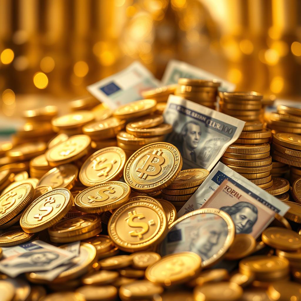 A visually striking image symbolizing money, featuring piles of gold coins and notes with various currencies like USD, Euro, and Yen, surrounded by a backdrop of a luxurious, opulent setting