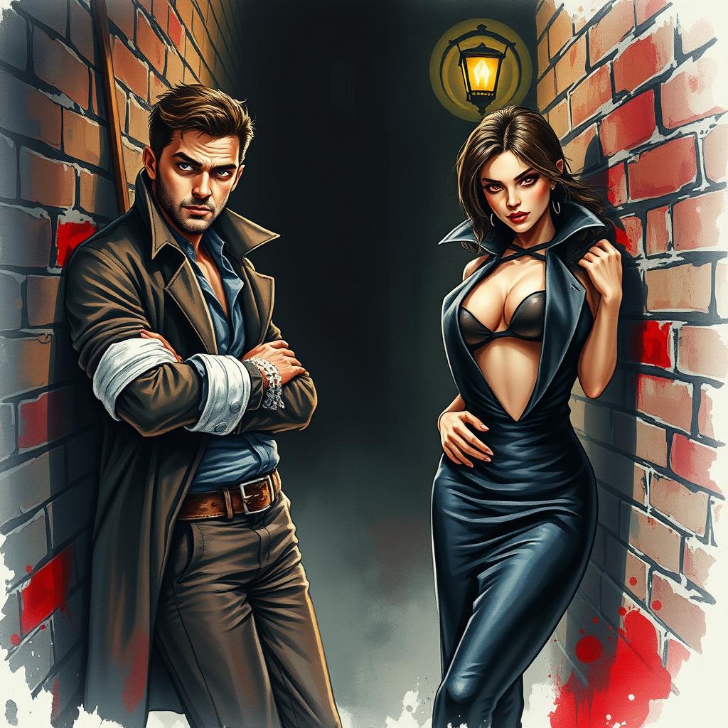 A handsome, wounded private detective in a dark alleyway captures a striking vampire femme fatale thief