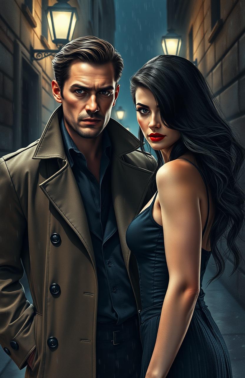 A handsome private detective apprehends a stunning vampire femme fatale in a dark, gritty alleyway
