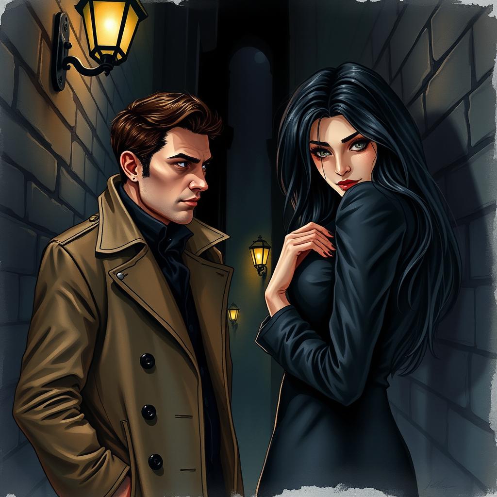 A handsome private detective captures a captivating vampire femme fatale in a shadowy, gritty alleyway