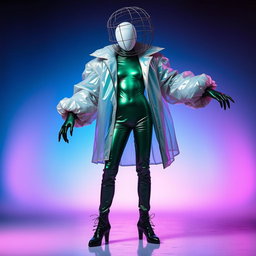 A faceless androgynous model wearing an oversized, gravity-defying coat made of iridescent, translucent vinyl, with sharp, exaggerated shoulders extending outward like wings
