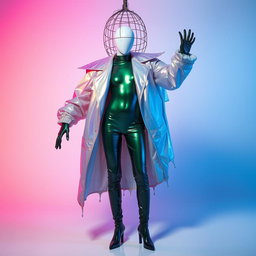 A faceless androgynous model wearing an oversized, gravity-defying coat made of iridescent, translucent vinyl, with sharp, exaggerated shoulders extending outward like wings