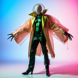 A faceless androgynous model wearing an oversized, gravity-defying coat made of iridescent, translucent vinyl, with sharp, exaggerated shoulders extending outward like wings