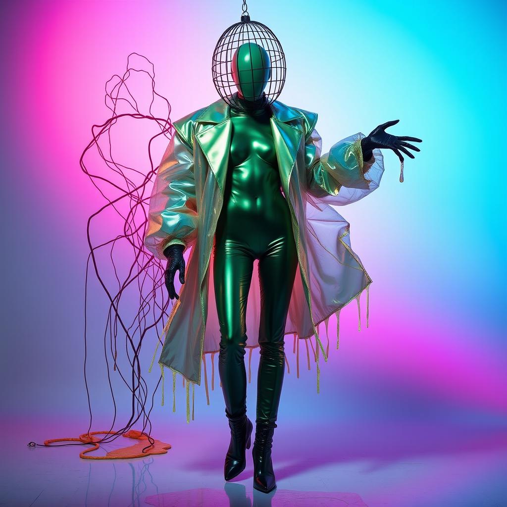 A faceless androgynous model wearing an oversized, gravity-defying coat made of iridescent, translucent vinyl, with sharp, exaggerated shoulders extending outward like wings