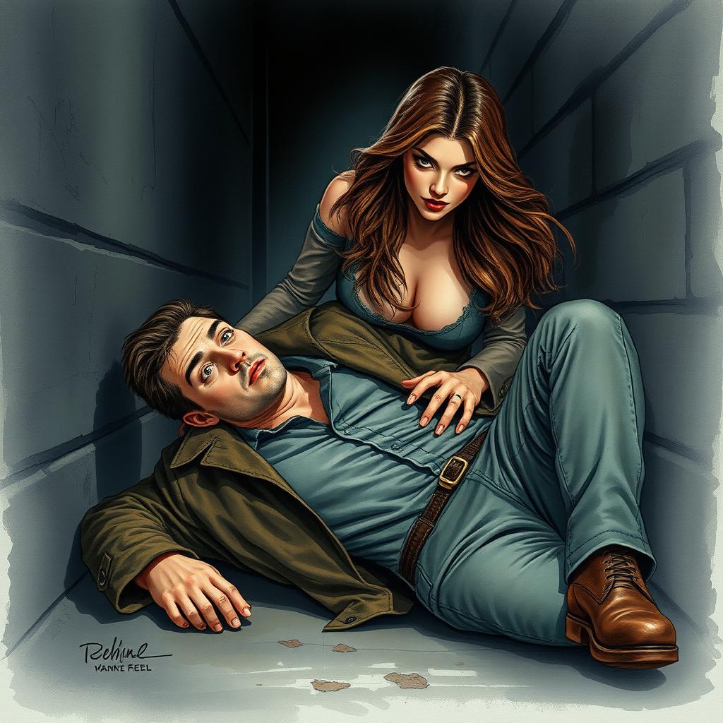 In a dark, gritty alleyway, a handsome private detective lies on the ground in a torn shirt and a dirty trench coat, his expression a mix of surprise and intrigue