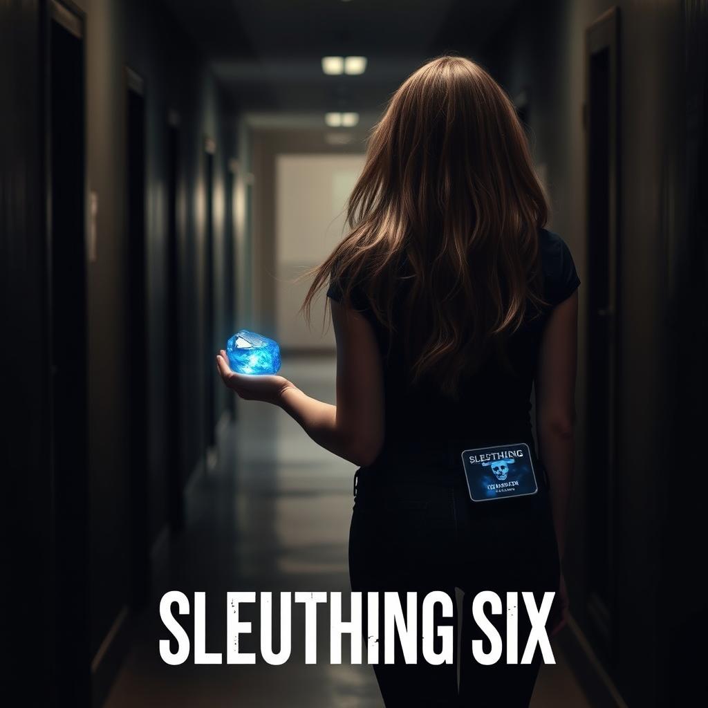 A woman in her 20s with long, flowing hair and an investigator journalist badge attached to her belt, walking away from the viewer through a dark and mysterious hallway