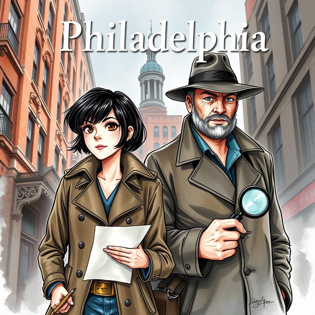 A young female detective with short dark hair, wearing a stylish trench coat, holding a notepad and pen, stands alongside a middle-aged male detective with a rugged appearance, wearing a classic fedora and holding a magnifying glass