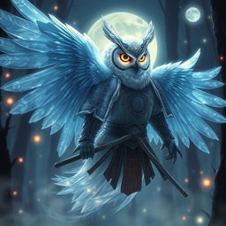 An Echo Owl Samurai represented as a translucent spirit ghost in a mystical setting