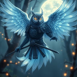 An Echo Owl Samurai represented as a translucent spirit ghost in a mystical setting