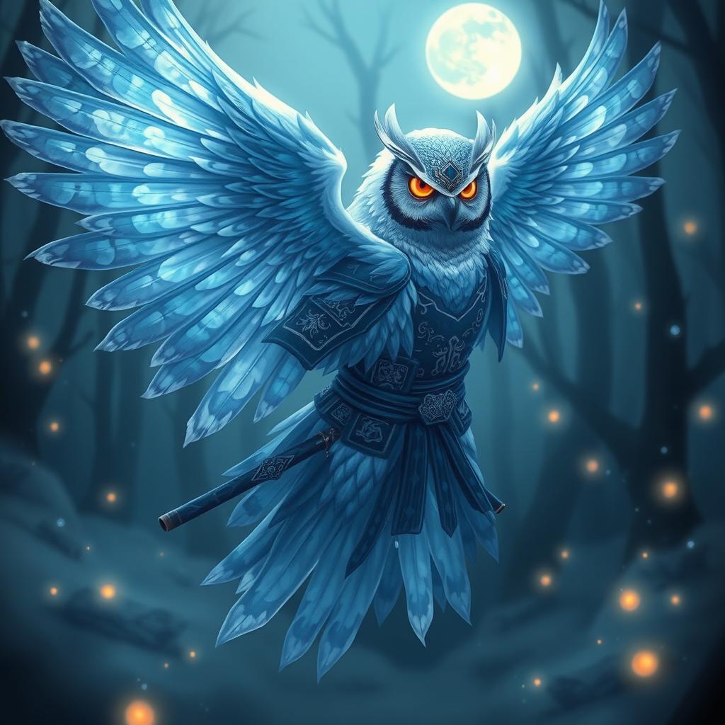 An Echo Owl Samurai represented as a translucent spirit ghost in a mystical setting